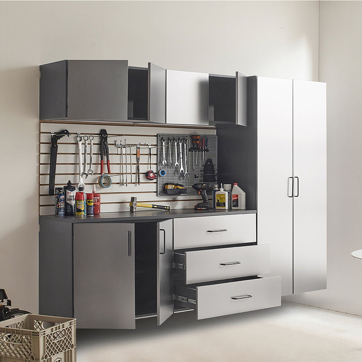 Metallic Gray Garage Cabinet Set with Soft Closing Drawers