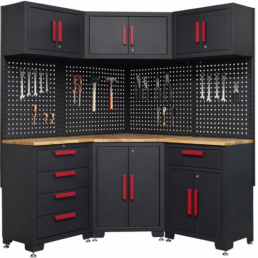 Garage Cabinet Storage System Designed for Tool Organization, 100% Cold-Rolled Steel, 10-Piece Set, Corner Workshop Design
