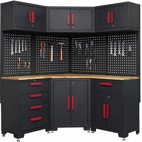 Garage Cabinet Storage System Designed for Tool Organization, 100% Cold-Rolled Steel, 10-Piece Set, Corner Workshop Design