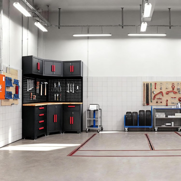 Garage Cabinet Storage System Designed for Tool Organization, 100% Cold-Rolled Steel, 10-Piece Set, Corner Workshop Design