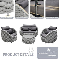 Aluminum Patio Furniture Set Designed for All-Season Use, 6-Piece L-Shape, Weather-Resistant Frame, Woven Rope