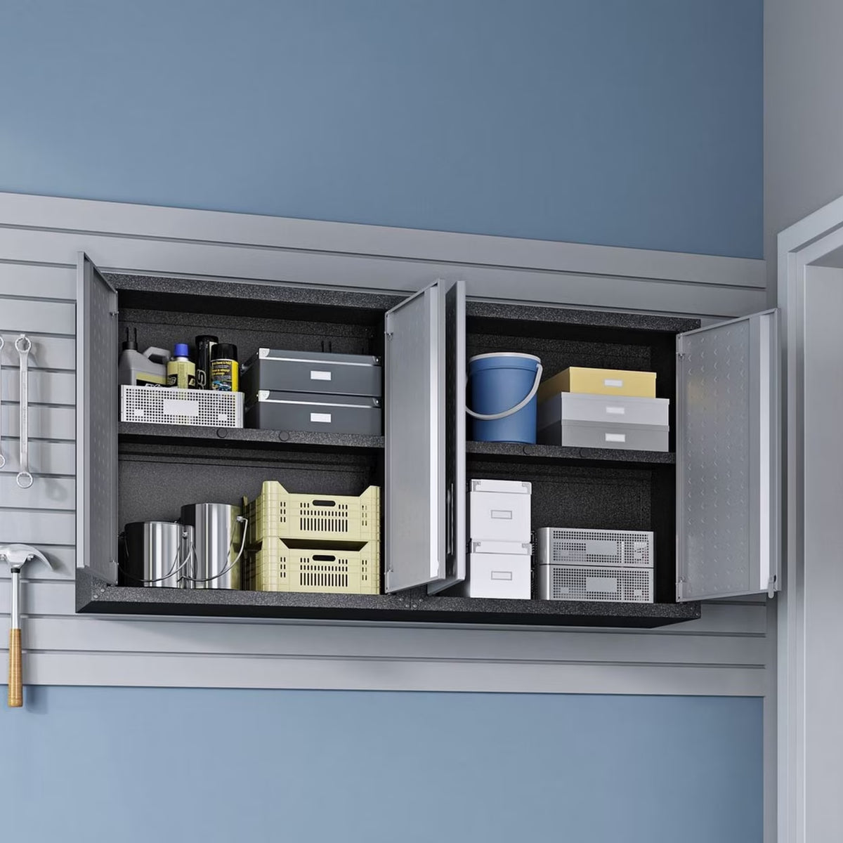 Fortress 30" Floating Textured Metal Garage Cabinet with Adjustable Shelves in Grey - Set of 2