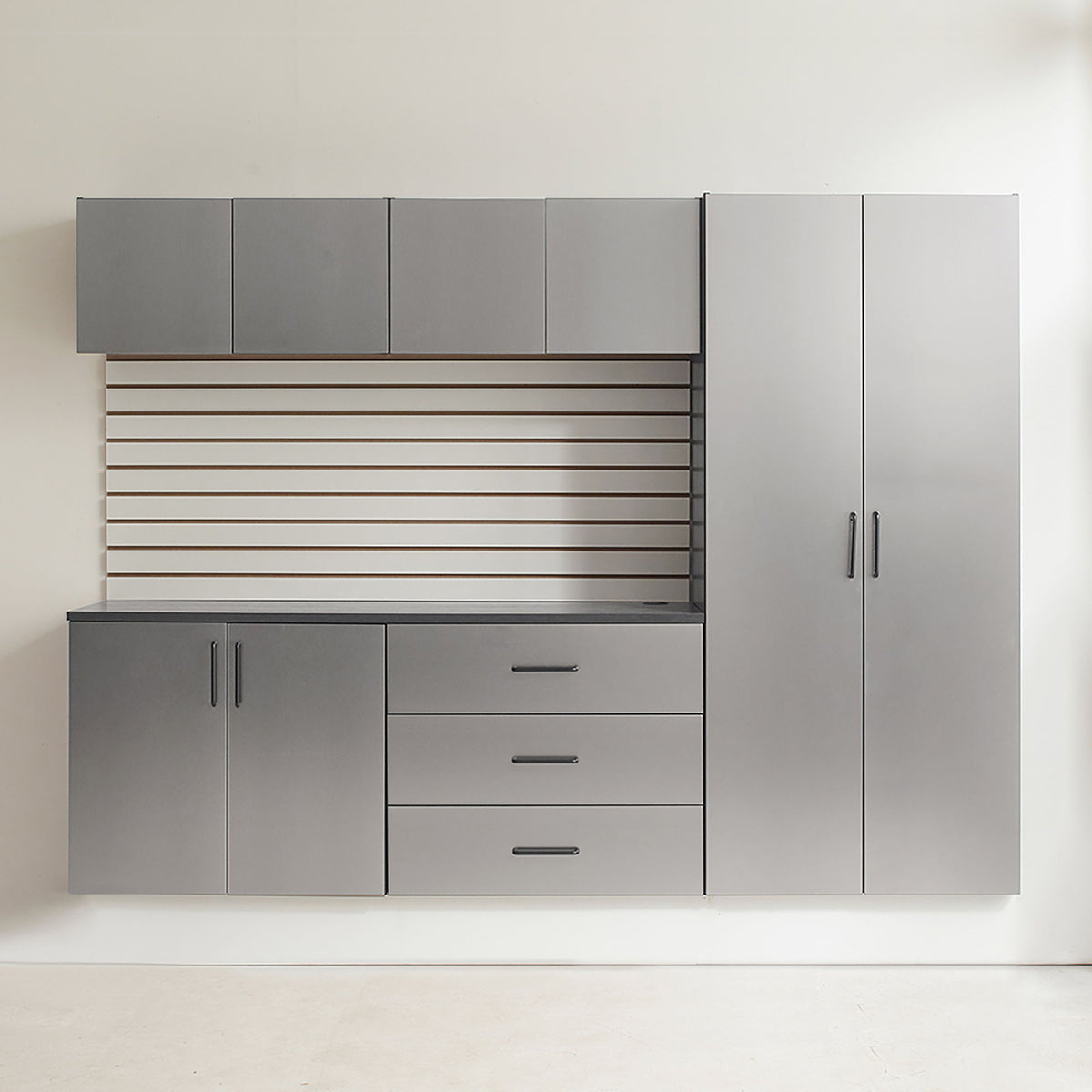 Metallic Gray Garage Cabinet Set with Soft Closing Drawers